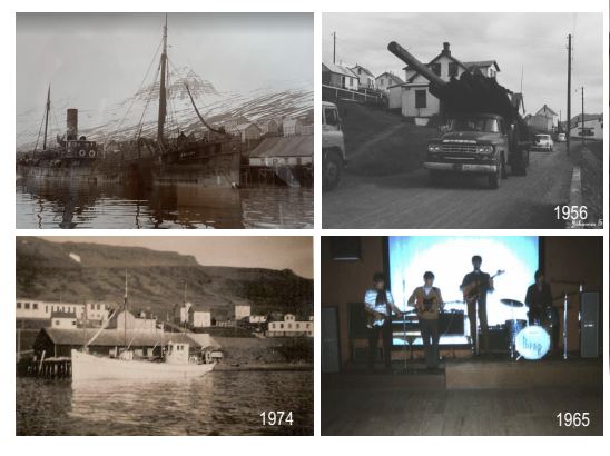 Historic collage including harbour scenes and a band on a stage